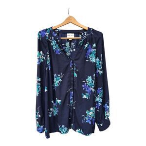 Ava & Viv 2X Floral Navy Blue Blouse Top V-neck Balloon Sleeve Lightweight